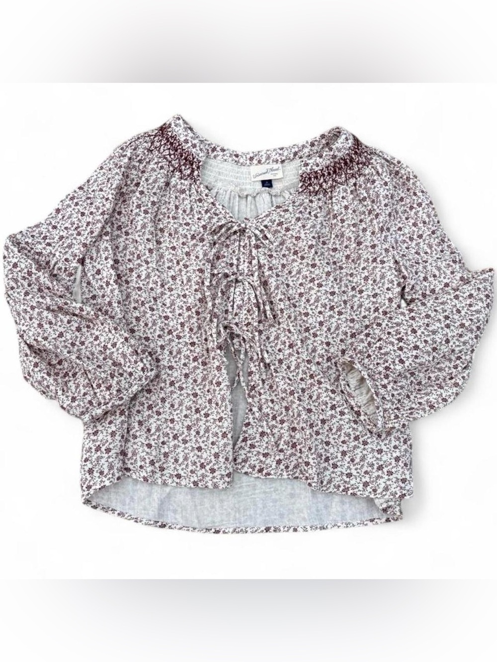 Universal Thread White Blouse with Burgundy Floral Print and Tie Front